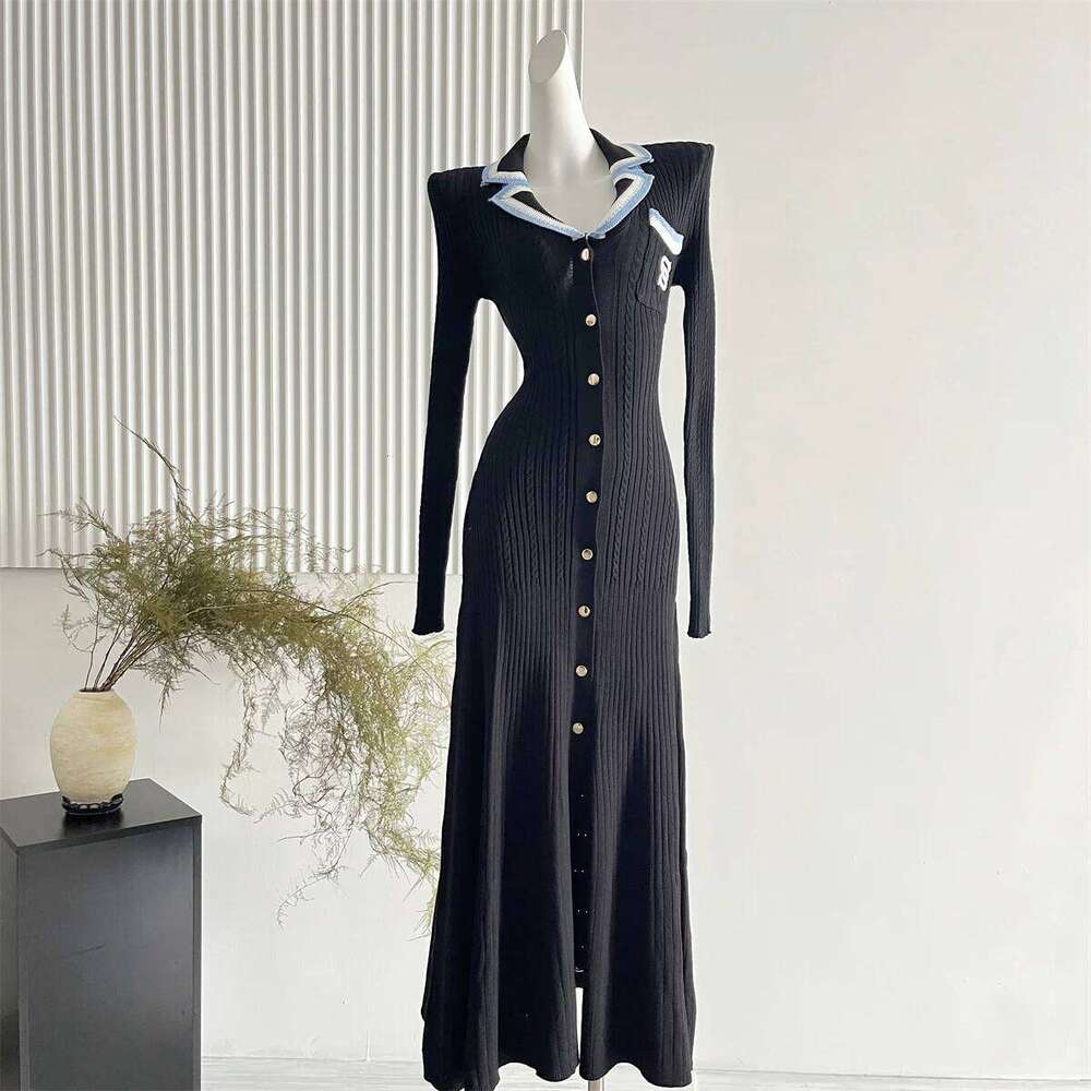 YuooMuoo Brand Fashion Knitted Maxi 2024 Elegant Turn-down Collar Embroidery Long Sleeve Shirt Dress Lady Sweater Vestidos XJ260225