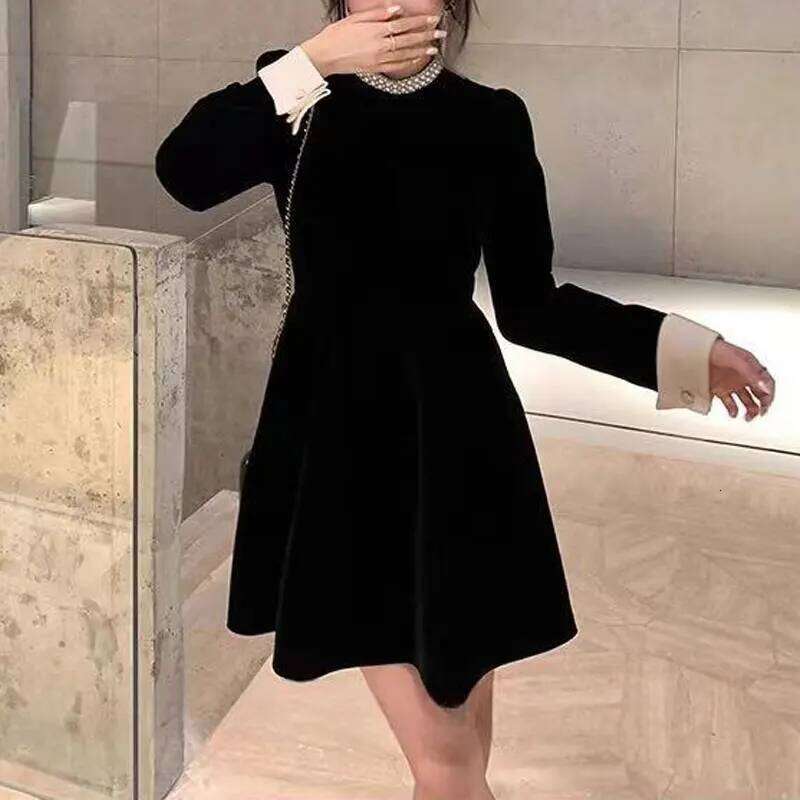 Fashion Beading Mini Dress Round Neck Spring Autumn Solid Color Women's Clothing Aura Elegant A-Line Waist Basic Spliced Dresses XJ260225