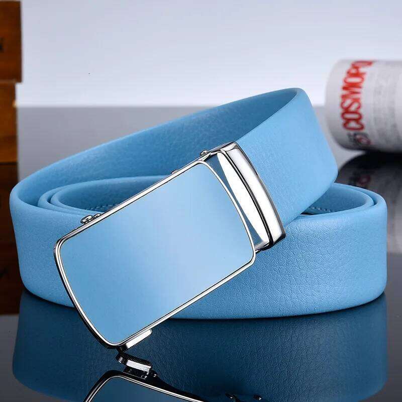 Men and Women Sky-blue Automatic Buckle 2024 New Fashion Male Business Leisure Belt Bandwidth 3CM & 3.5CM Y260225