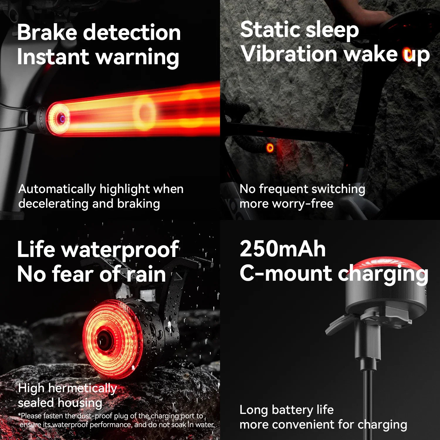 ROCKBROS Bicycle Handlebar End Lights IPX6 Bike Rear Light 5 modes Bike Lamp Intelligent Brake Sensor Safety Night Riding 260202