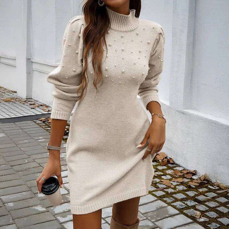 2026 New Women Sweater Dresses Pearls Round Neck Long Sleeve Hip Wrap Winter Elegant Ladies Casual Solid Slim Fit Dress XJ260225