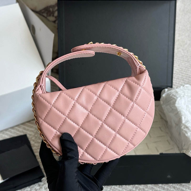 Ladies Designer Mini Lovely Clutch Round Bag Gold Metal Hardware Handle with Adjustable Buckle Diamond Lattice Luxury Wallet Leather Cosmetic Handbag 12cm