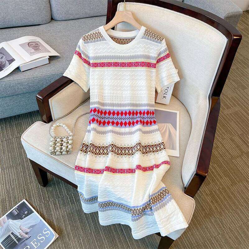 Fashion O-Neck Knitted Spliced Striped Mini Dress Women's Clothing 2025 Summer New Loose Short Sleeve Korean Ladies Dresses XJ260225