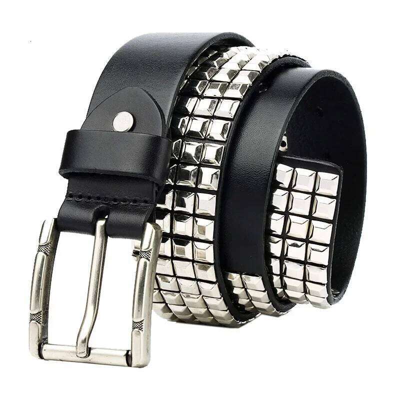 Punk Men Top Grain Genuine Leather Pin Buckle Male Cowboy Rock Rivet Black Coffee Brown Strap Jeans Studded Western Belt Y260225