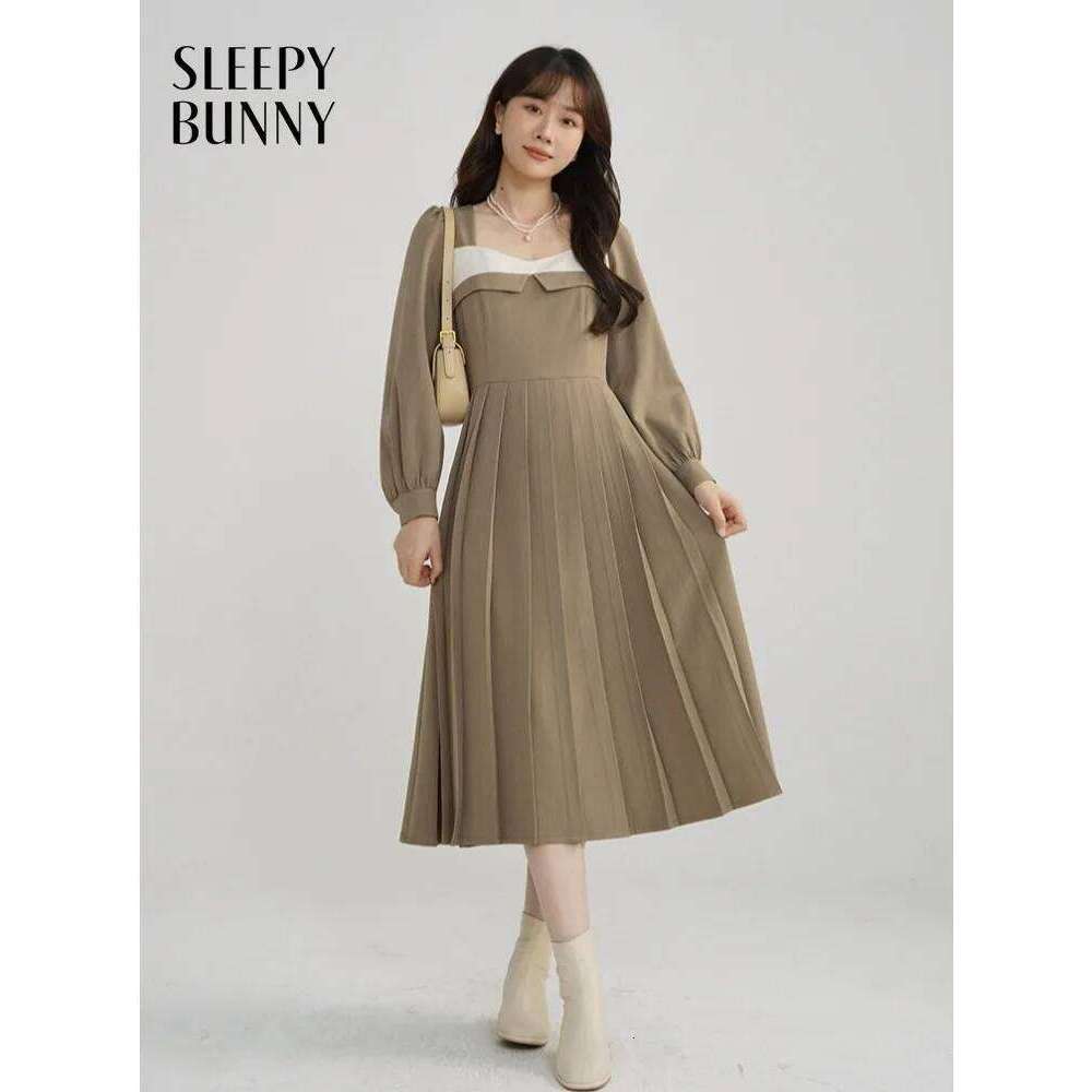 French Vintage Layered Square Neck Women Lady Elegant A Line Long Sleeve Midi Dress Color Block Casual Spring Daily Outfit XJ260225
