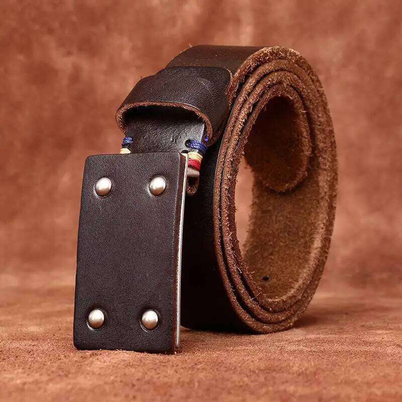 Retro versatile personality trend thickened extra thick first layer cowhide smooth buckle belt men's genuine leather plate buckl Y260225