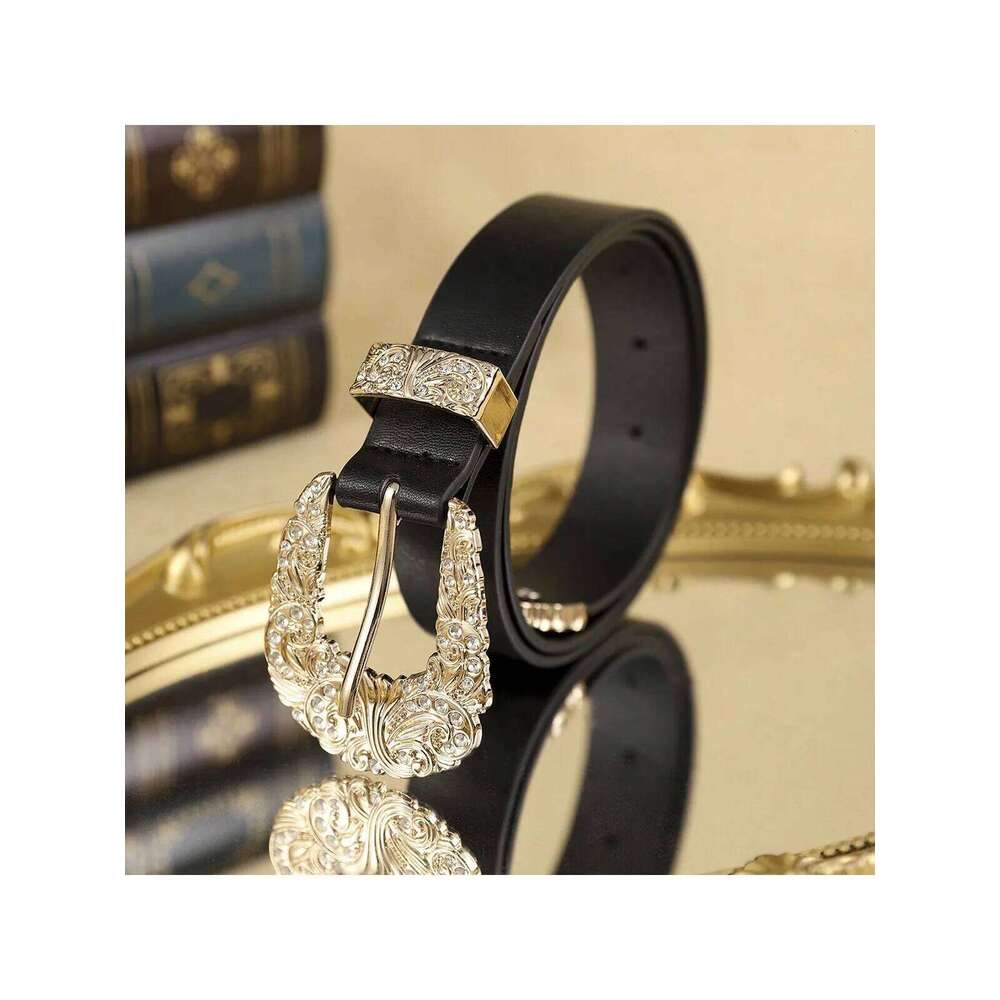 1 women's black gold alloy buckle belt, bohemian atmosphere, simple fashion wear, trendy clothing, suitable for daily use Y260225
