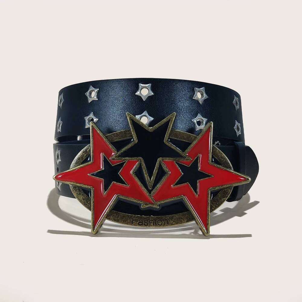 Men's Y2K Punk Fashion Red Six-pointed Star Buckle Gothic Accessories Versatile Jeans Leather for Woman Wide Plus Size Belt Y260225