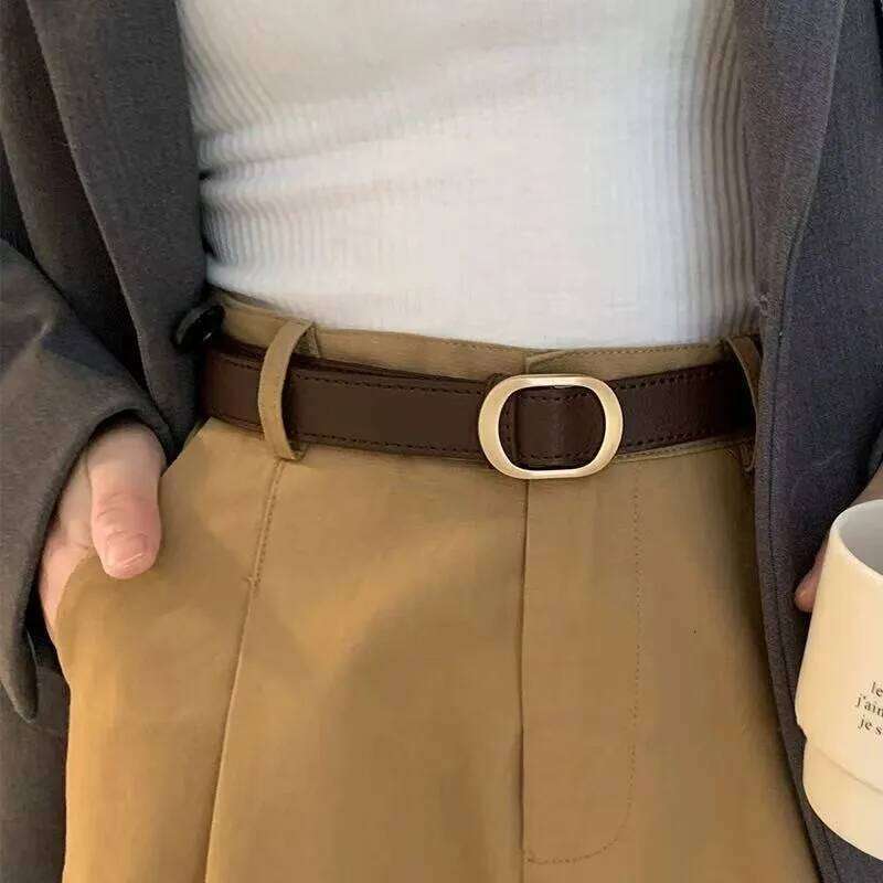 Korean retro metal buckle women; ins jeans with no holes; versatile and simple belt for students; popular trend. Y260225
