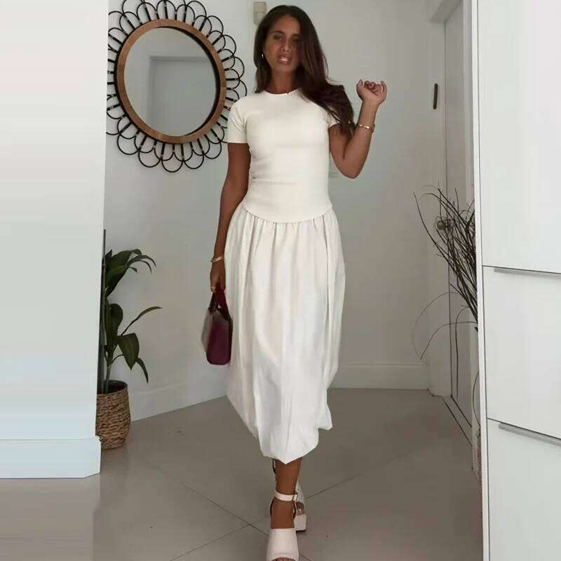 HXAO 2025 Womens Balloon Summer Elegant Evening Party Long Dresses Off White Patchwork Short Sleeve Dress Chic Vestidos XJ260225