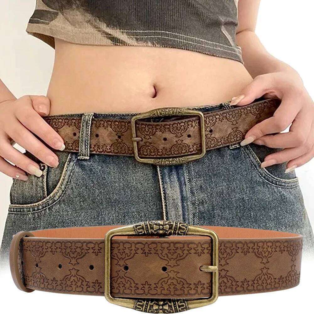 Retro Pattern Print Belts Women Pu Leather Designer Brand Buckle Pin Waist Belt Y2K Vintage All-Match Waistband Accessories Y260225