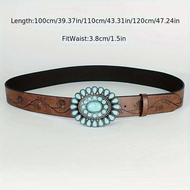Ladies wear the classic Western belt, brown embossed PU leather, bohemian style oval turquoise buckle belt Y260225
