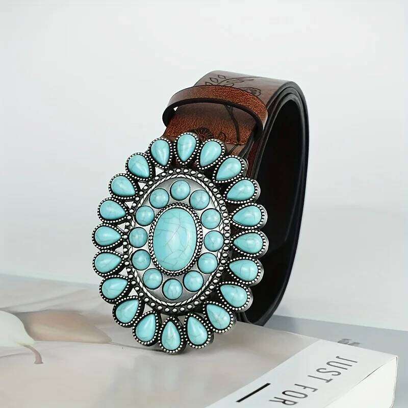 Ladies wear the classic Western belt, brown embossed PU leather, bohemian style oval turquoise buckle belt Y260225