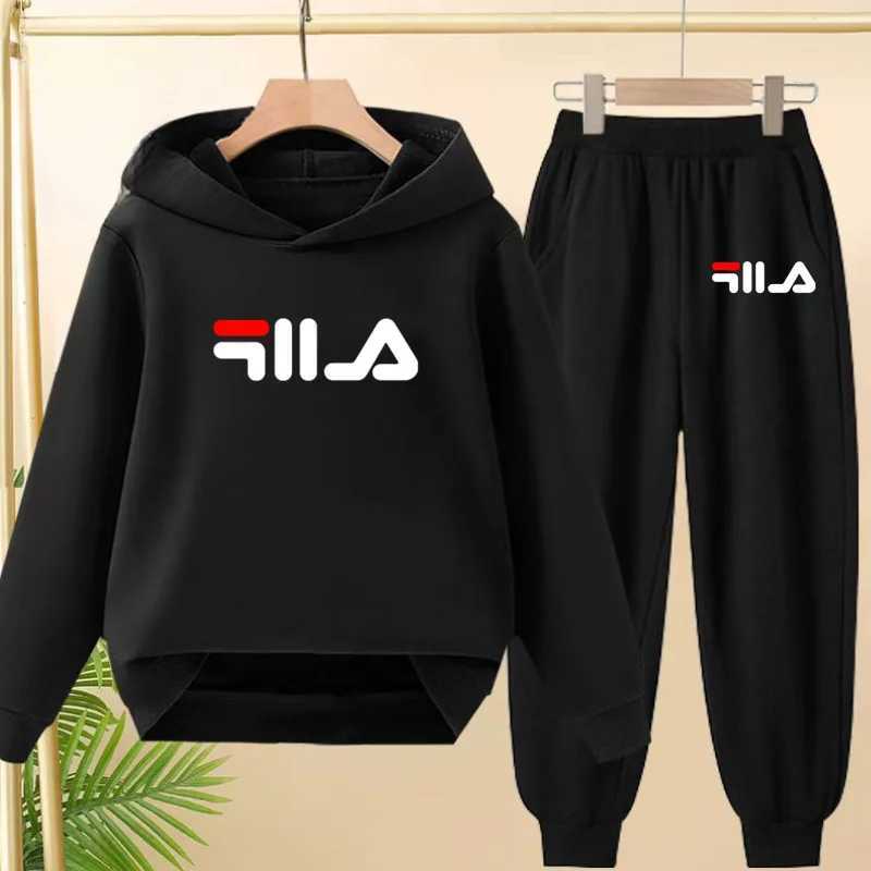 Casual Kids' Tracksuit Set - Black Hooded Top & Cuffed Pants for School Daily Casual WearT260225