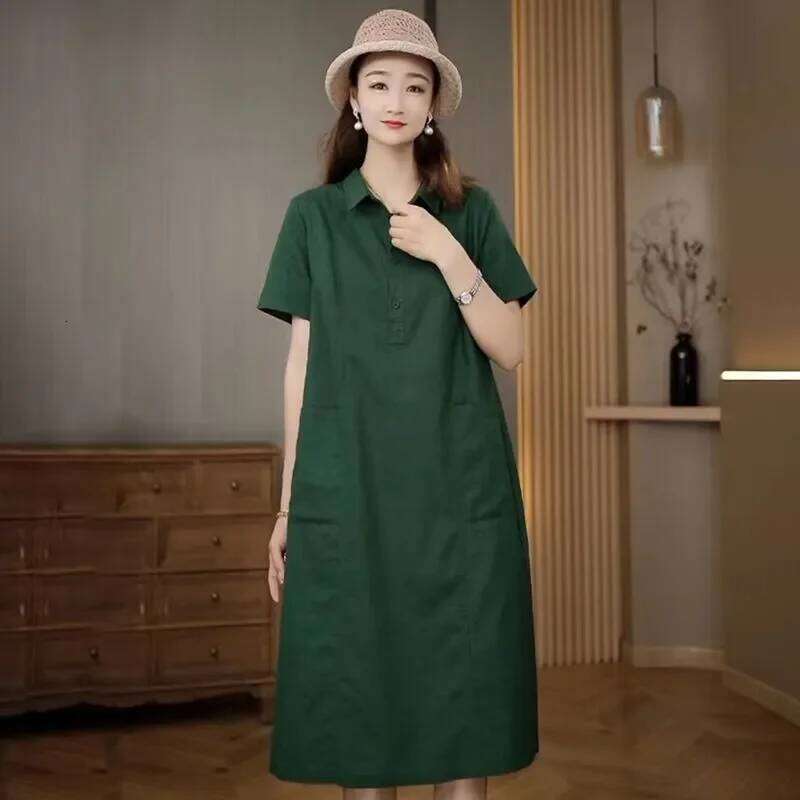 Temperament Solid Color Simple Short-sleeved Polo Collar Loose Pocket Mid-length Versatile Dress XJ260225