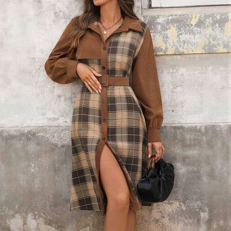 2025 New Fashion Printed Striped Lantern Long Sleeve Dress Summer Casual Retro Lapel Belt Dresses For Women XJ260225