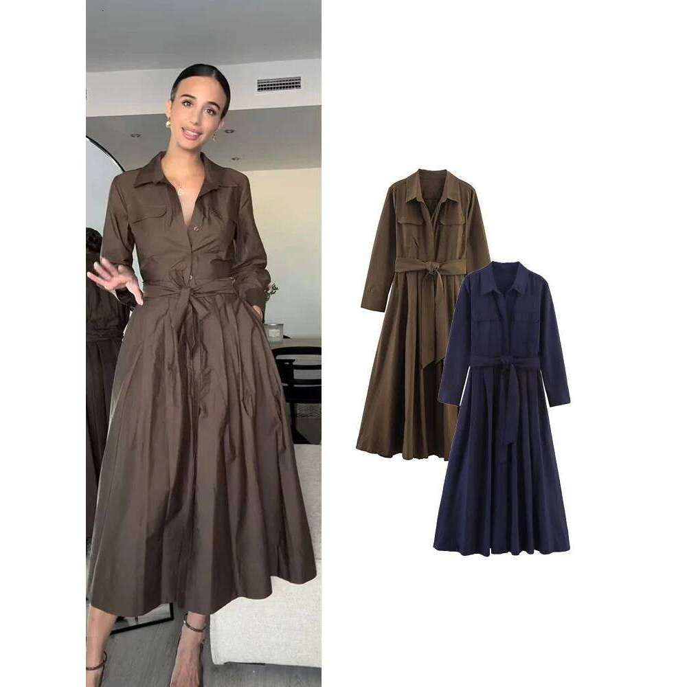 Women Long Sleeve Shirt With Belt Autumn 2025 Fashion Retro Elegant Luxury Button Midi Dresses OL Commuting Clothes XJ260225