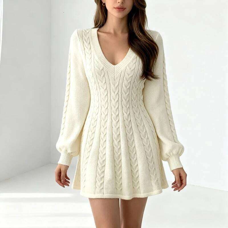 Women's Slim Fit Fashion V-neck Waist Cinched A-line Skirt Long Sleeved Pit Stripe Dress French Chic Knitted Dresses XJ260225