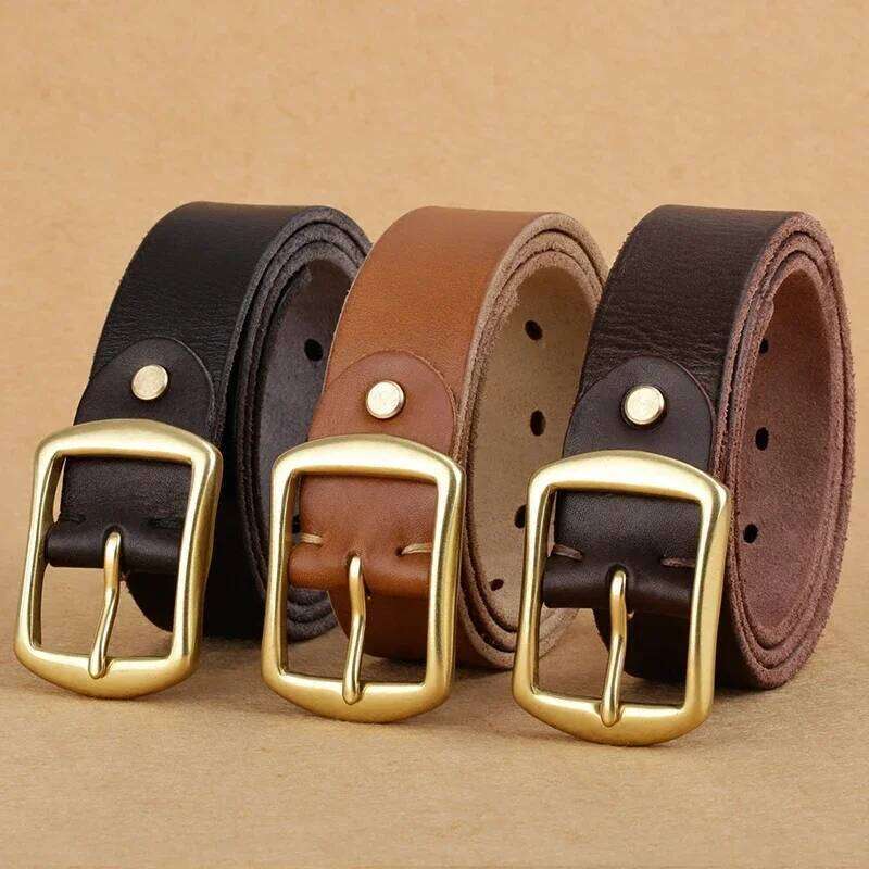 Handmade trendy leather pin simple first layer real cowhide men's and women's copper buckle belt versatile old Y260225