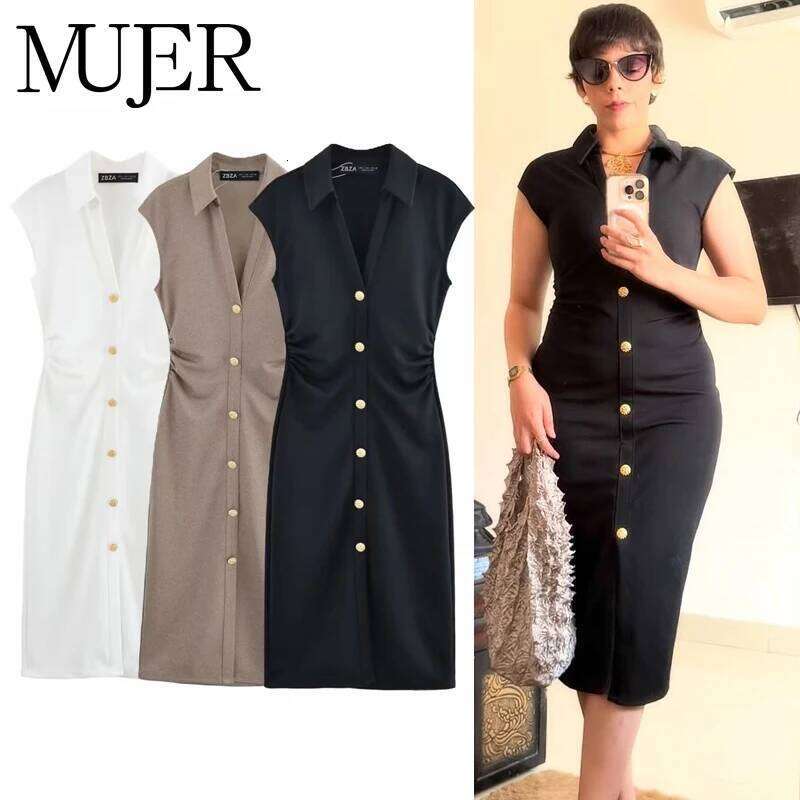 MUJER 2025 Pleated Midi Dresses for Sleeveless Shirt Woman White Black Women's Summer Draped Party Dress Women XJ260225