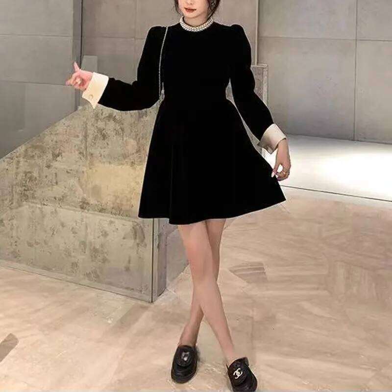 Fashion Beading Mini Dress Round Neck Spring Autumn Solid Color Women's Clothing Aura Elegant A-Line Waist Basic Spliced Dresses XJ260225