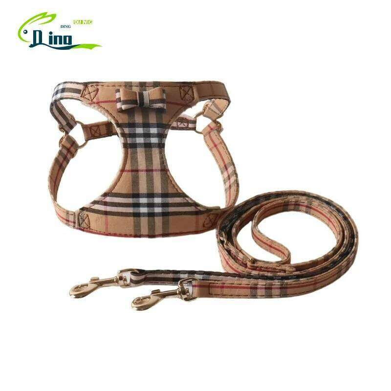 New Dog Harness Set For Small And Medium Dogs Adjustable Plaid Bow Vest Double Hook Leash Pet Supplies Puppy