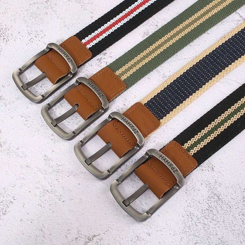 3.5cm Outdoor Canvas Men's Solid Color Black and Red Striped Woven Alloy Pin Buckle Sports Overalls Belt for Men Wholesale Y260225
