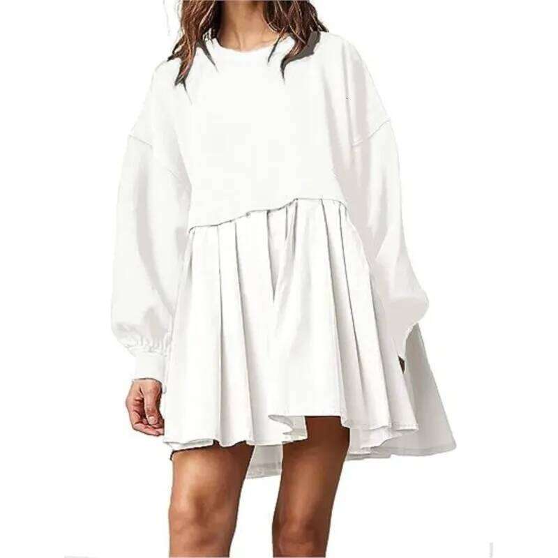 2024 Autumn Women's Sweatshirt Patchwork O-Neck Long Sleeve Oversize Loose Mini Casual Fashion Trendy Pleated Dress XJ260225