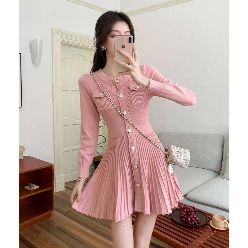 Spring Korean Fashion High-street Knit Mini Women's O-Neck Long-sleeve Single-breasted Pleated Casual Sweater Dress XJ260225