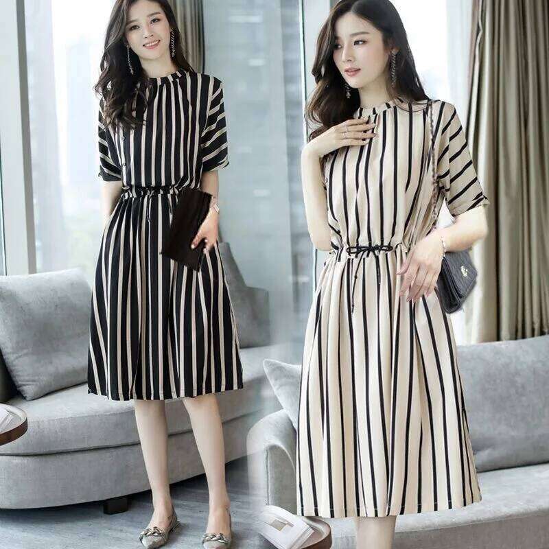 Striped Short-Sleeved Midi Dress Summer Aesthetic Clothes Korean Fashion Casual Office Lady Dresses for Women Vestidos XJ260225