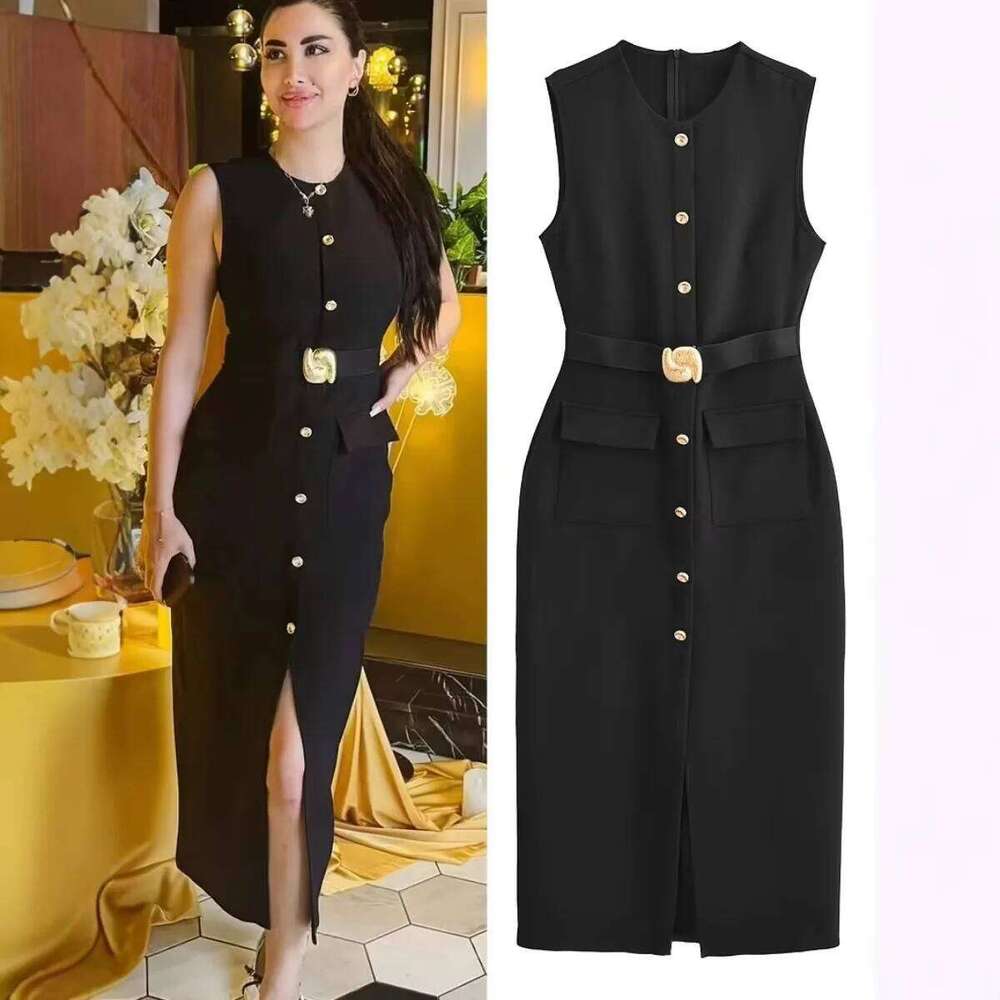 Womans Sleeveless Crew-neck Solid-color Waist-cinched Dress Tailored Button-down Long Skirt for Commuting Wear Formal Dinners XJ260225