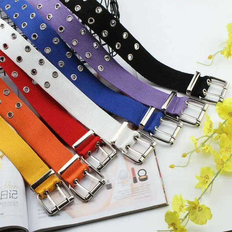 Fashion Wide Canvas Belts Casual Double Hollow Hole Buckle Belt Adjustable Solid Color Waist Strap For Women Men Students Jeans Y260225