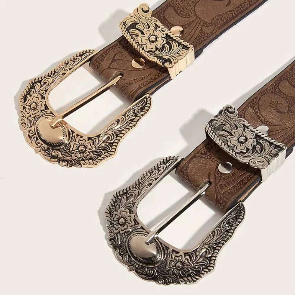 Western Brown PU Leather Vintage Female Cowgirl Waist Belt with Metal Caved Buckle 3set Designer Belts For Women Jeans Y260225