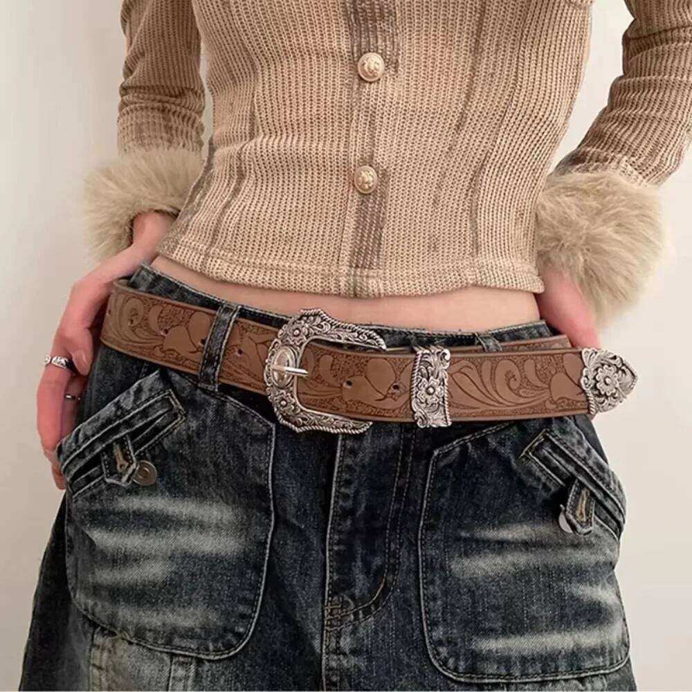 Western Brown PU Leather Vintage Female Cowgirl Waist Belt with Metal Caved Buckle 3set Designer Belts For Women Jeans Y260225