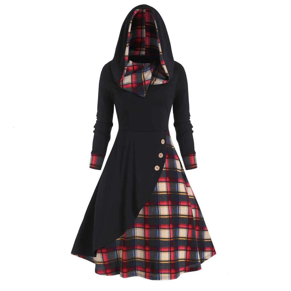 Vintage Commute Button Plaid Patchwork Hooded Dress Women's Clothing Autumn Fashion Long Sleeve Casual High Waist Midi Dresses XJ260225