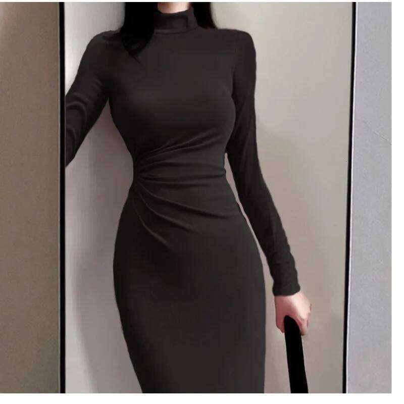 Women's 2024 Spring Autumn New Sexy Fashion Skinny High Neck Solid Color Patchwork Long Sleeved Ruched Wrapped Hip Bottom Dress XJ260225