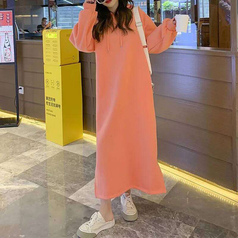 Korean Fashion Dresses Autumn Winter New Women Solid Hooded Plus Velvet Long Sleeve Loose Ankle-Length A-line Sweatshirt Dress XJ260225