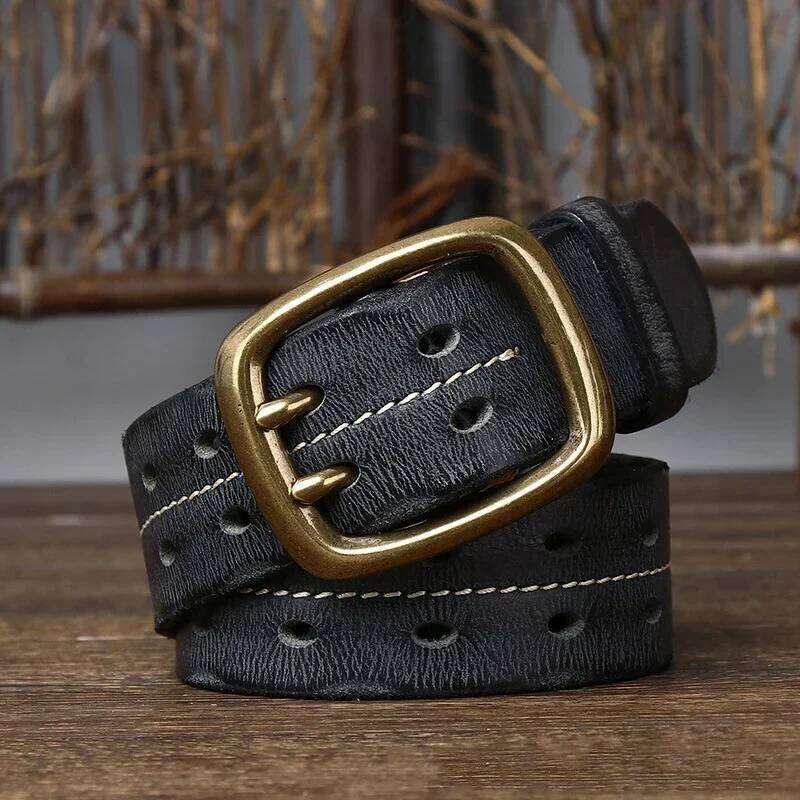 3.8cm Pure Cowskin Genuine Leather Men Copper Double Needle Pin Buckle High Quality Luxury Male Strap Jeans Military Belt Y260225