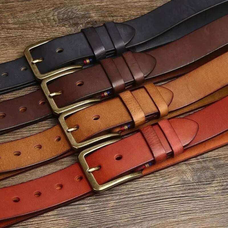 3.8CM Thick Retro Cowboy Male Cowhide Cowskin Genuine Leather Heavy Copper Buckle Belt For Jeans Men Strap Waist Y260225
