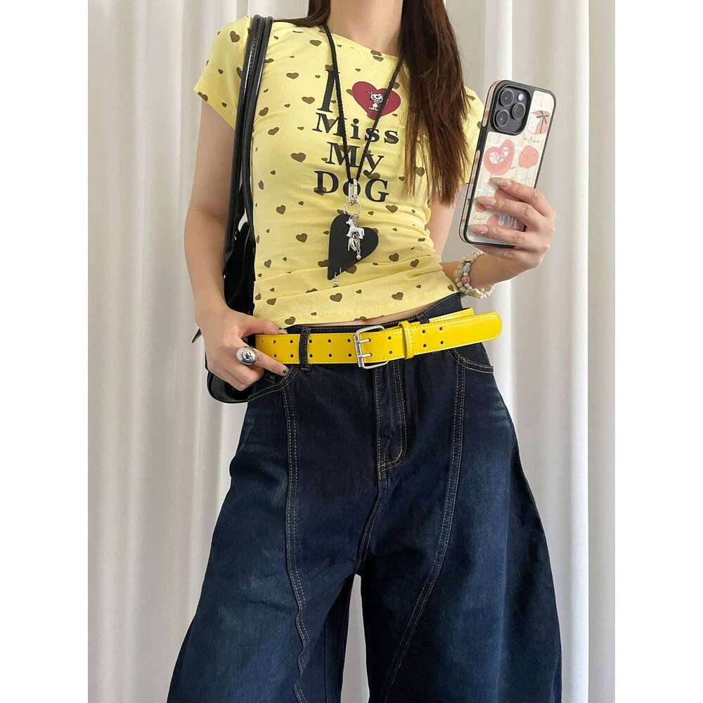 Wide Design Sense Y2K Double-Breasted Yellow For Women Skirt Jeans With Waistcoat Decoration Versatile Belt Y260225