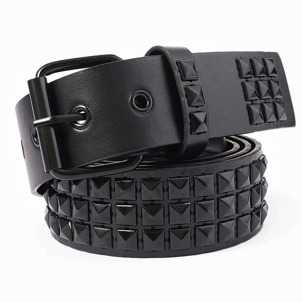 Black Three-Row Rivets Punk Style Fashionable for Men and Women Rock Metal Belt Y260225