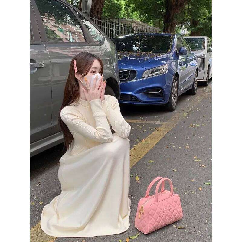 Gentle Long-sleeved Half-high Collar Knitted Dress Women New Autumn Long Skirt XJ260225