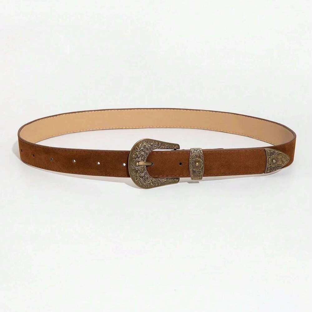 1pc Women's Brown Carved Bronze Metal Buckle Frosted Fine Velvet for Jeans Versatile Decorative Belt Y260225