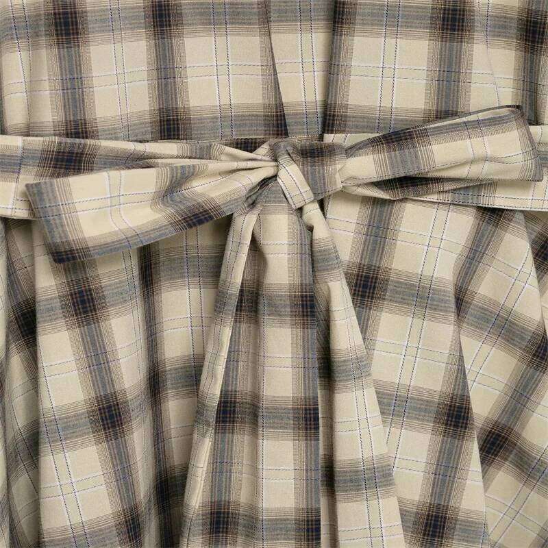 Women's Plaid Long Sleeve Midi with Belt - Vintage Checked Button Front Dress for Casual & Office XJ260225