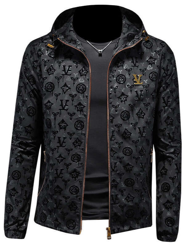 2025 Autumn New Flocked Hooded Jacket Printed Men's Reversible Coat Casual Trendy Brand Slim