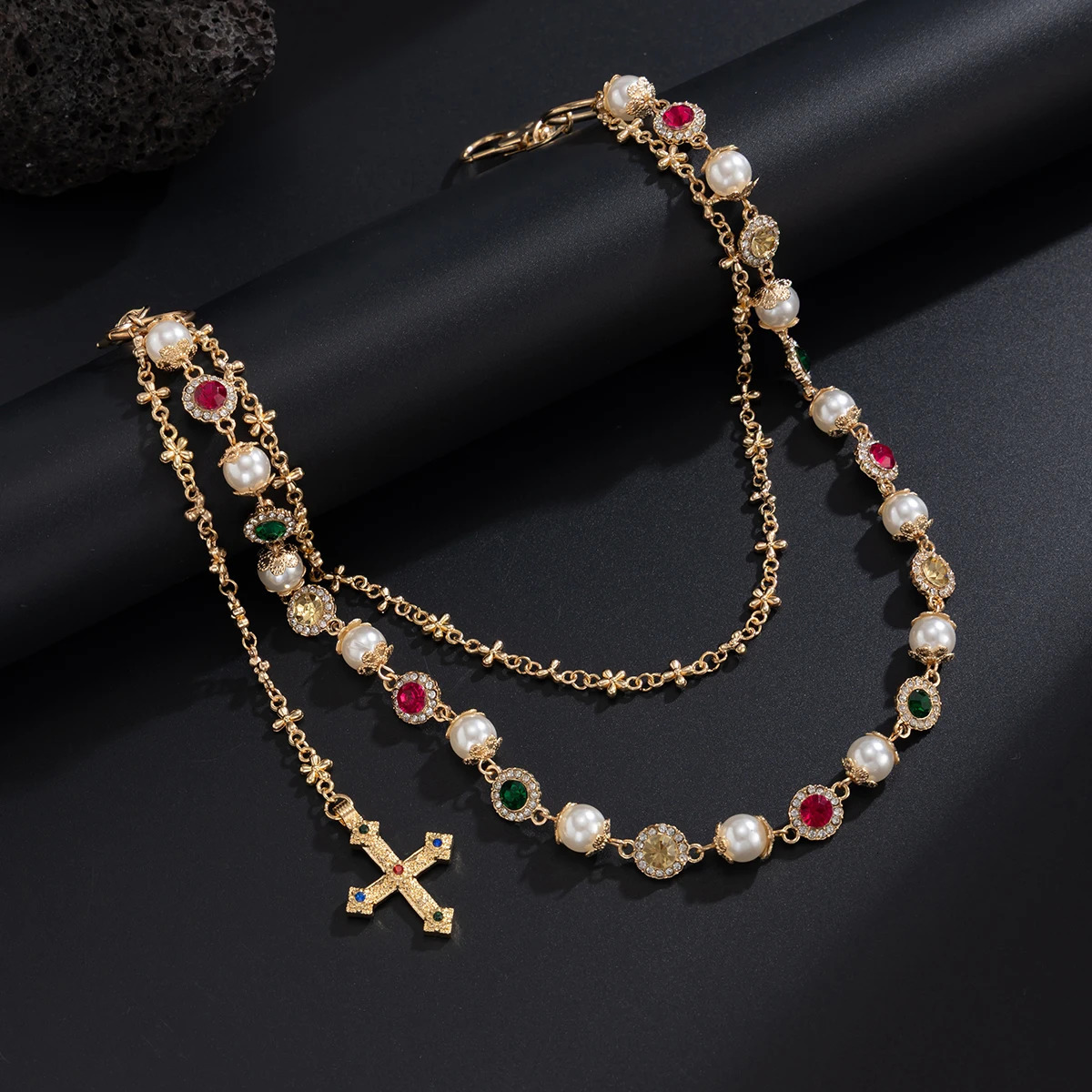 Salircon Exquisite Cross Pendant Imitation Pearl Keychain Belt Chain Men Punk Trousers Jean Chain HipHop Jewelry Gift 260206