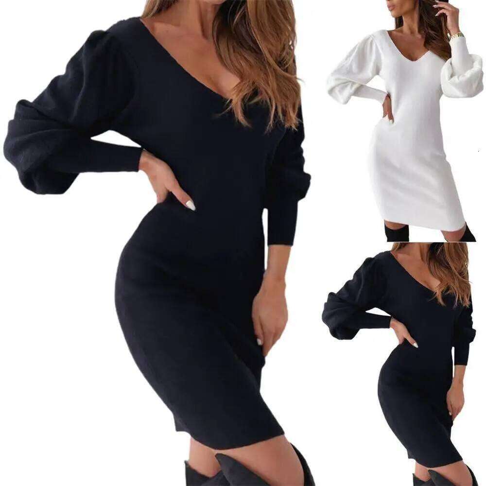 Women White And Autumn Costume Party Dress Ladies Warm Black Open Back Lace Lantern Sleeve V Neck Sweater Spring XJ260225