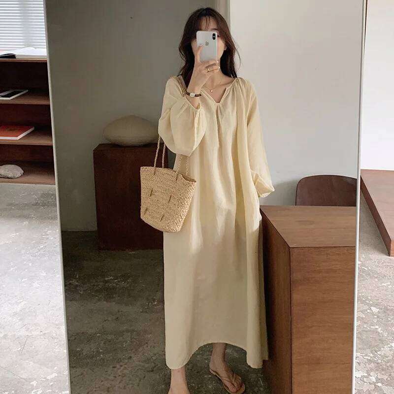 Vintage 100% Cotton Women Dress V Neck Long Sleeve Korean Jananse Pajama Dresses Ladies Comfortable Homewear Wearable Outside XJ260225