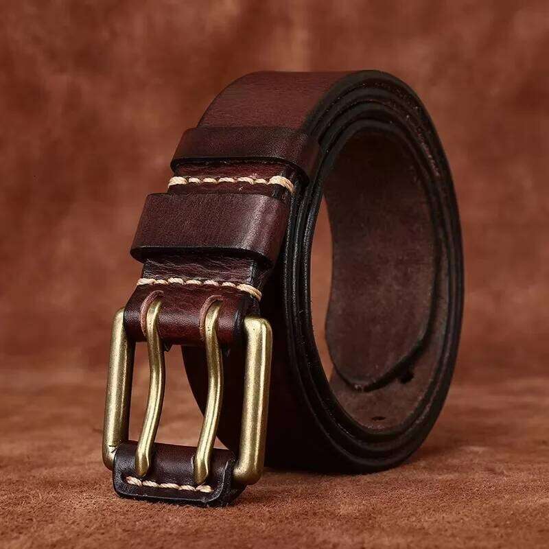 3.8cm Wide Retro Men's Cowhide Real Genuine Leather Copper Double Needle Buckle Handmade Jeans Belt Fashion Male Strap Y260225