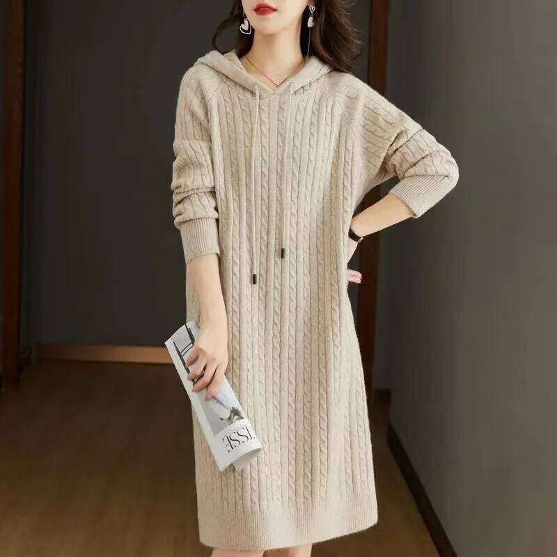 Autumn Winter Women's Thickened Hooded Dress Loose Sweater Long Sleeve Knitted Dresses XJ260225